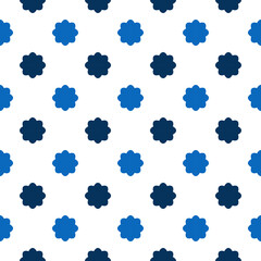 Seamless geometric repeating pattern of blue and dark blue flowers on white background