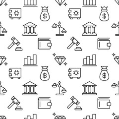 Pattern of bank, judge hummer, scales, bank, made of various line icons. Perfect for web sites, wrapping, printing on different covers