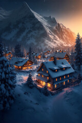 Swiss Alps village with Christmas lights at winter sunrise with mountains at the background from the above. AI generated
