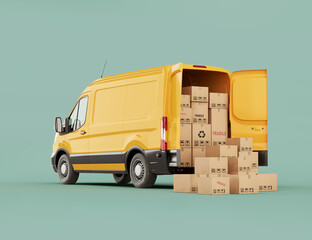3d render of a yellow delivery van with cardboard boxes inside and outside of the vehicle on mint background. Logistics and wholesale concept.Online Orders, Purchases, E-Commerce Goods, Merchandise