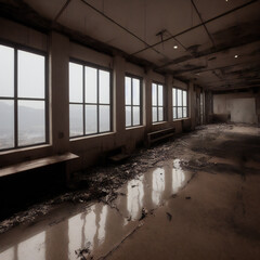 a matte painting of a large room with a wet floor and  lots of windows and a bench, made with generative ai