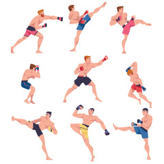 Mixed Martial Arts with Man Fighter in Boxing Gloves Engaged in Full-contact Combat Sport Striking Vector Set