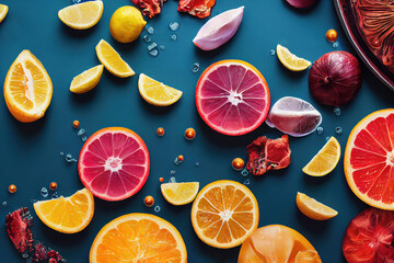 Colorful slices citrus fruits and lemons as homemade juice background (Generative AI)