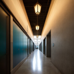 a long hallway with a light hanging from the ceiling, made with generative ai