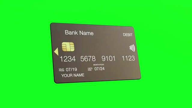 Debit atm card 3d rendered 4k animation rotating loop with green screen for keying. Modern banking concept animation