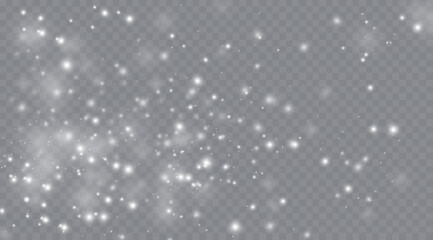 Particles of white magic dust. Shining light particles.Christmas glitter particles. Light effect on a transparent background
