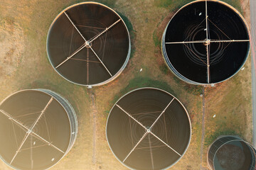 Sewage and sewerage treatment plant, aerial view from drone.