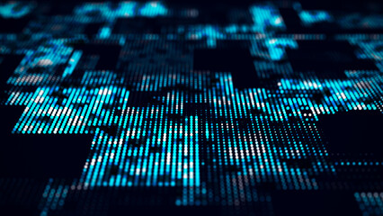 Nanoplatform technology. Abstract halftone motherboard. Digital futuristic backdrop. Big data, binary code visualization. 3D rendering.