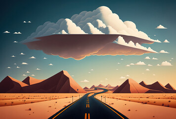Fototapeta na wymiar Illustration of a straight road in the desert or with clouds for an advertising. Generative AI