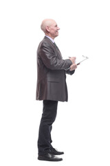 Executive business man with clipboard. isolated on a white