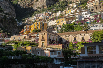 Positano village in the mountains. Coastal or coast view. Positano, is a village on the Amalfi Coast, Salerno, Campania.