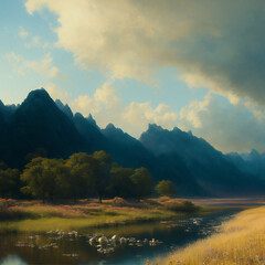 a matte painting of a painting of a mountain range with a river in the foreground, made with generative ai