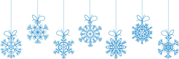 Holiday blue pending snowflakes with bows. New year card. Christmas design elements. Vector illustration