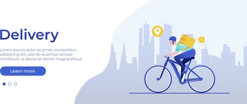Food delivery concept. Website page vector layout. Illustration in a flat style. A courier on a bicycle delivers an order. PNG image