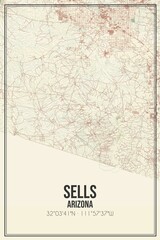 Retro US city map of Sells, Arizona. Vintage street map.