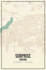 Retro US city map of Surprise, Arizona. Vintage street map.