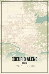 Retro US city map of Coeur D Alene, Idaho. Vintage street map.
