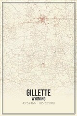 Retro US city map of Gillette, Wyoming. Vintage street map.