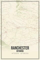 Retro US city map of Ranchester, Wyoming. Vintage street map.