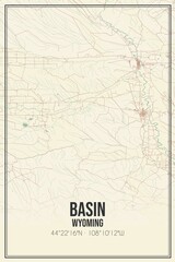 Retro US city map of Basin, Wyoming. Vintage street map.
