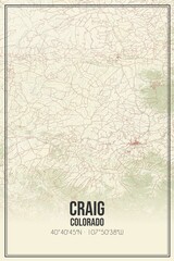 Retro US city map of Craig, Colorado. Vintage street map.
