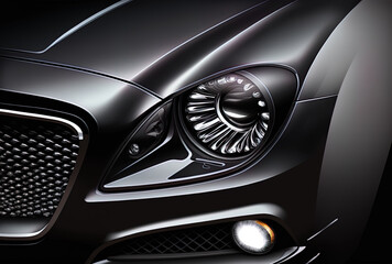 Obraz na płótnie Canvas View of a black luxury car's headlight in close up against a gray background. Generative AI
