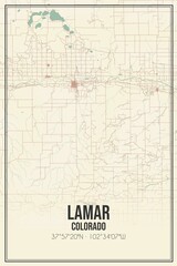 Retro US city map of Lamar, Colorado. Vintage street map.