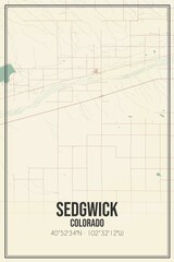 Retro US city map of Sedgwick, Colorado. Vintage street map.