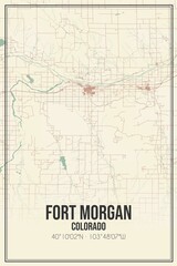 Retro US city map of Fort Morgan, Colorado. Vintage street map.