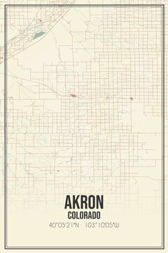 Retro US City Map Of Akron, Colorado. Vintage Street Map.