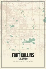Retro US city map of Fort Collins, Colorado. Vintage street map.