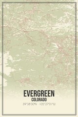 Retro US city map of Evergreen, Colorado. Vintage street map.