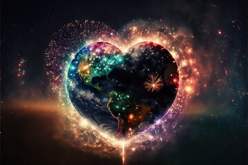 Heart shaped planet Earth with fireworks, happy new year, Generative AI