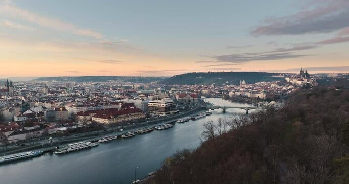 Sunrise Panoramic view Prague oldtown with Prague castle, nautre and Prague castle, city river and bridge on the water skyline