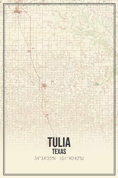 Retro US city map of Tulia, Texas. Vintage street map.