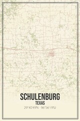 Retro US city map of Schulenburg, Texas. Vintage street map.