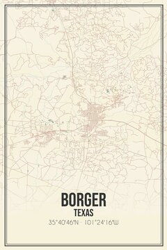 Retro US city map of Borger, Texas. Vintage street map.