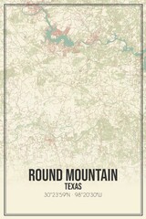Retro US city map of Round Mountain, Texas. Vintage street map.
