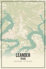 Retro US city map of Leander, Texas. Vintage street map.