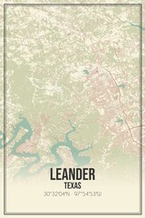 Retro US city map of Leander, Texas. Vintage street map.
