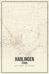 Retro US city map of Harlingen, Texas. Vintage street map.