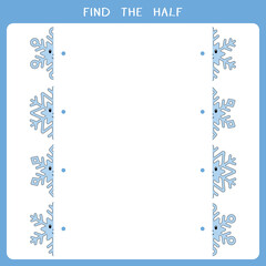 Find the half for snowflake. Worksheet of simple educational game for kids. Vector worksheet