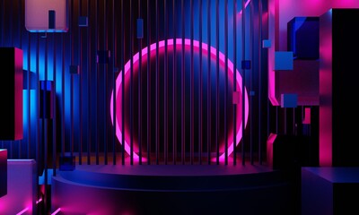 gaming background abstract wallpaper, cyberpunk style scifi game, neon glow of stage scene in pedestal room, 3d illustration rendering