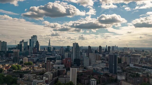 Cinematic Aerial Helicopter View Of  London City Skyline Financial District And The Shard Hyperlapse Time Lapse View Of London Skyscraper UK, United Kingdom