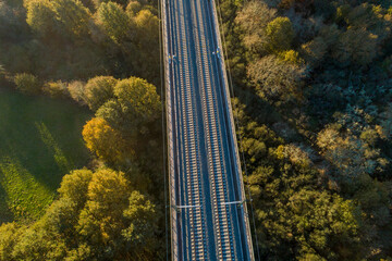 drone aerial view of a high speed railroad bridge