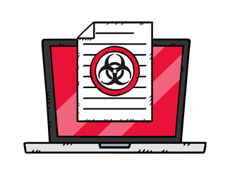 Graphic showing laptop with document that have biohazard sign on it. illustration in cartoon style with black outline. Hand-drawn vector graphics.