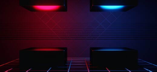 gaming background abstract wallpaper, cyberpunk style scifi game, neon glow of stage scene in pedestal room, 3d illustration rendering