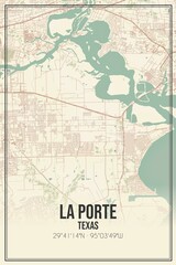 Retro US city map of La Porte, Texas. Vintage street map.