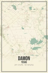 Retro US city map of Damon, Texas. Vintage street map.