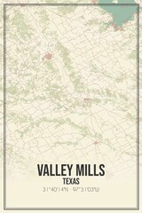 Retro US city map of Valley Mills, Texas. Vintage street map.